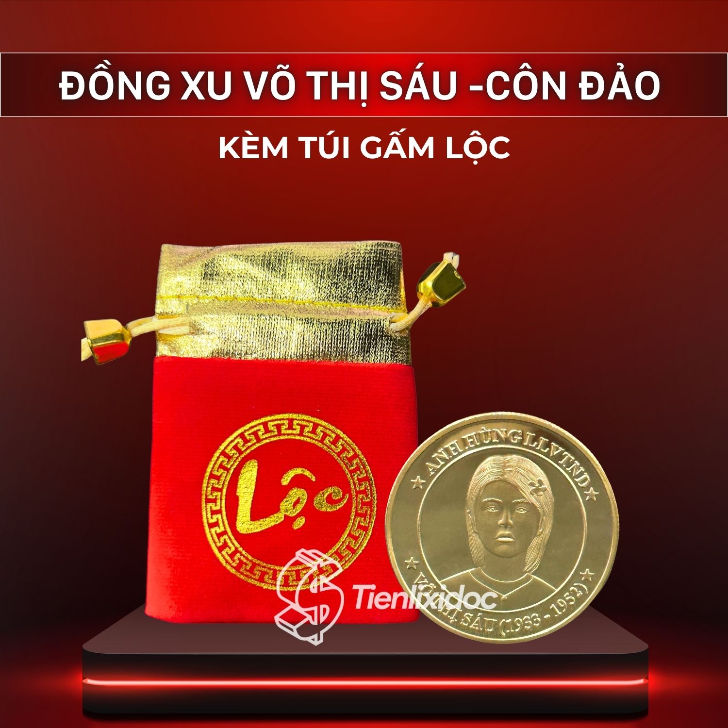 Toàn bộ sản phẩm gồm đồng xu túi gấm đỏ
